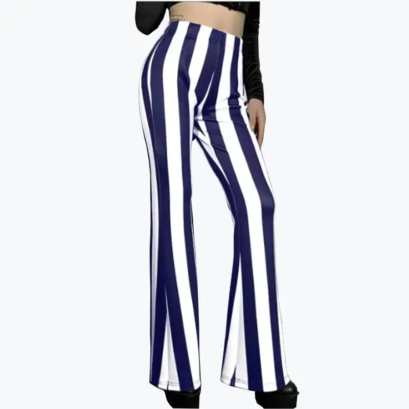 Striped Stretchy Flared Pants for Women Blue White — feature 8