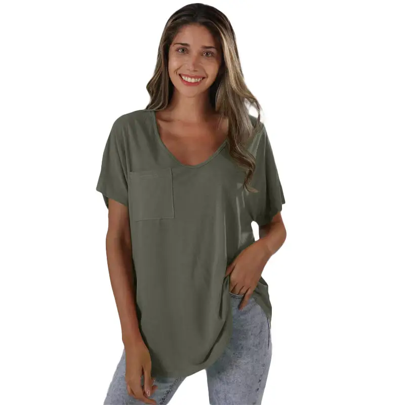 Women V-Neck T-Shirt Olive Green Plus Size