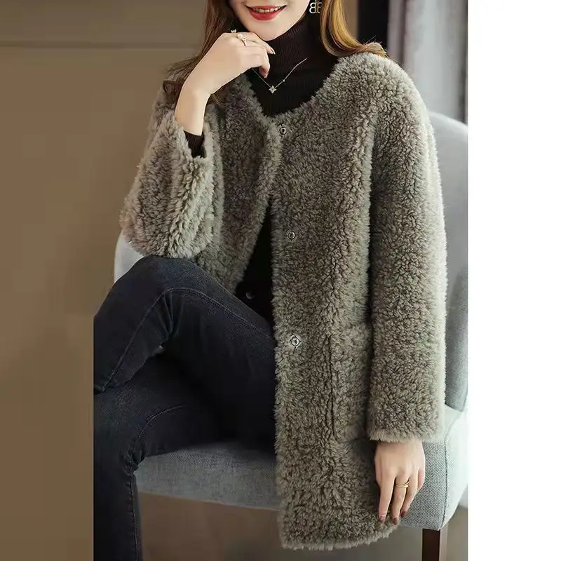 Women's Embroidered Lamb Wool Coat Beige Mid-Length Winter - Image 5