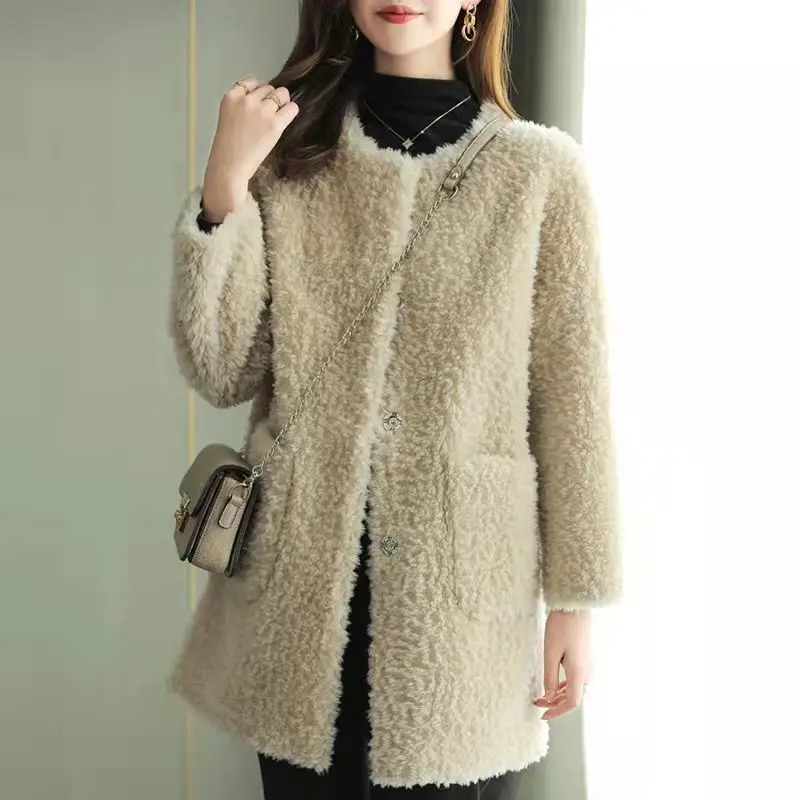 Women's Embroidered Lamb Wool Coat Beige Mid-Length Winter - Image 6