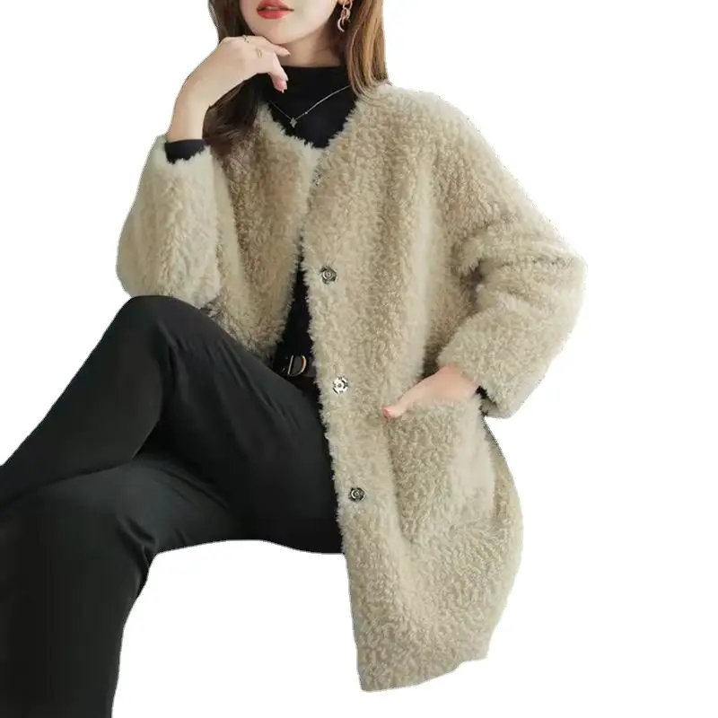 Women's Embroidered Lamb Wool Coat Beige Mid-Length Winter - Image 8