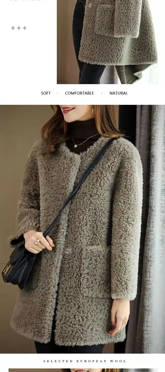 Women's Embroidered Lamb Wool Coat Beige Mid-Length Winter — feature 10