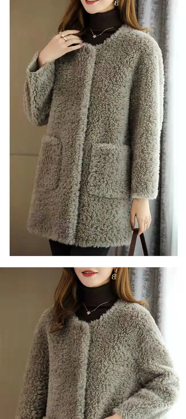 Women's Embroidered Lamb Wool Coat Beige Mid-Length Winter — feature 12