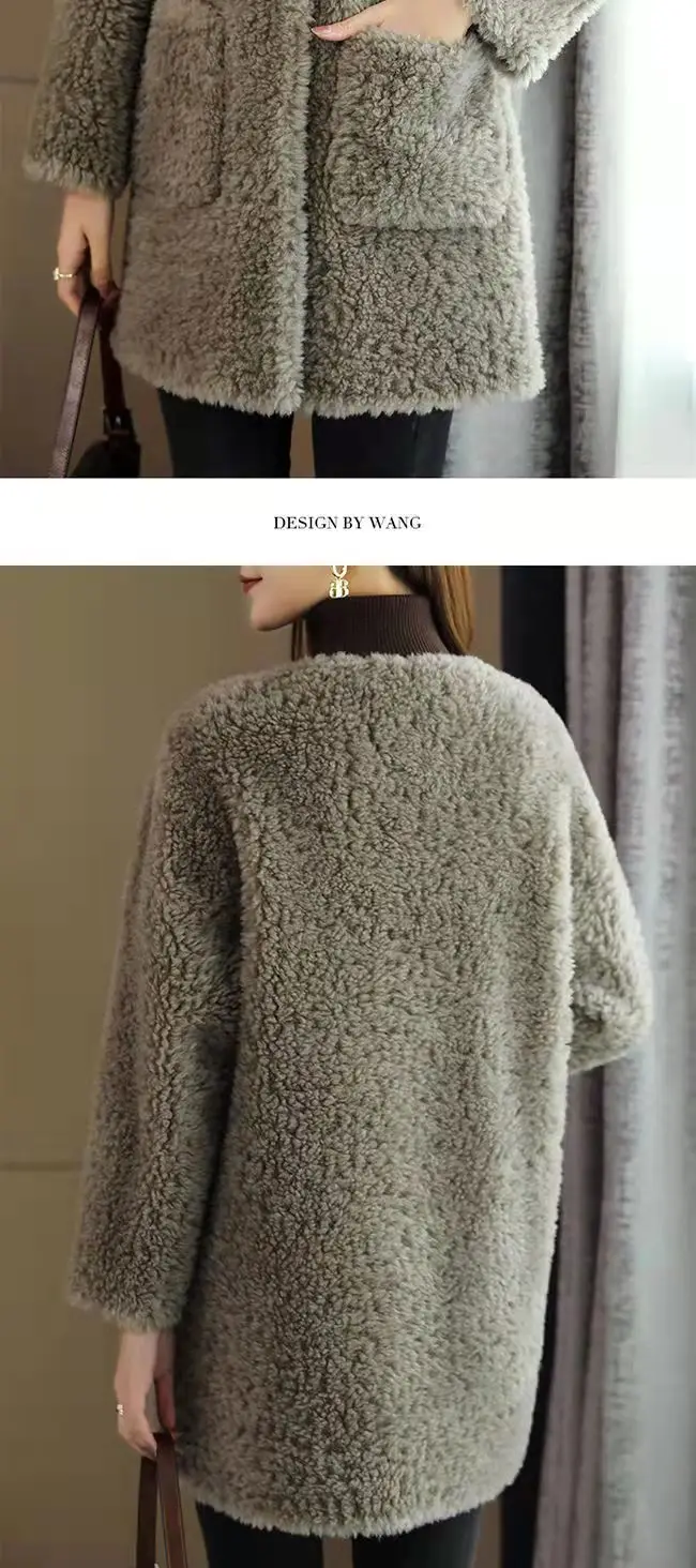 Women's Embroidered Lamb Wool Coat Beige Mid-Length Winter — feature 13