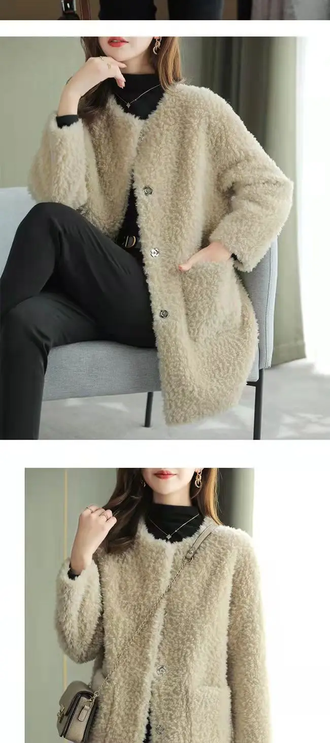 Women's Embroidered Lamb Wool Coat Beige Mid-Length Winter — feature 14