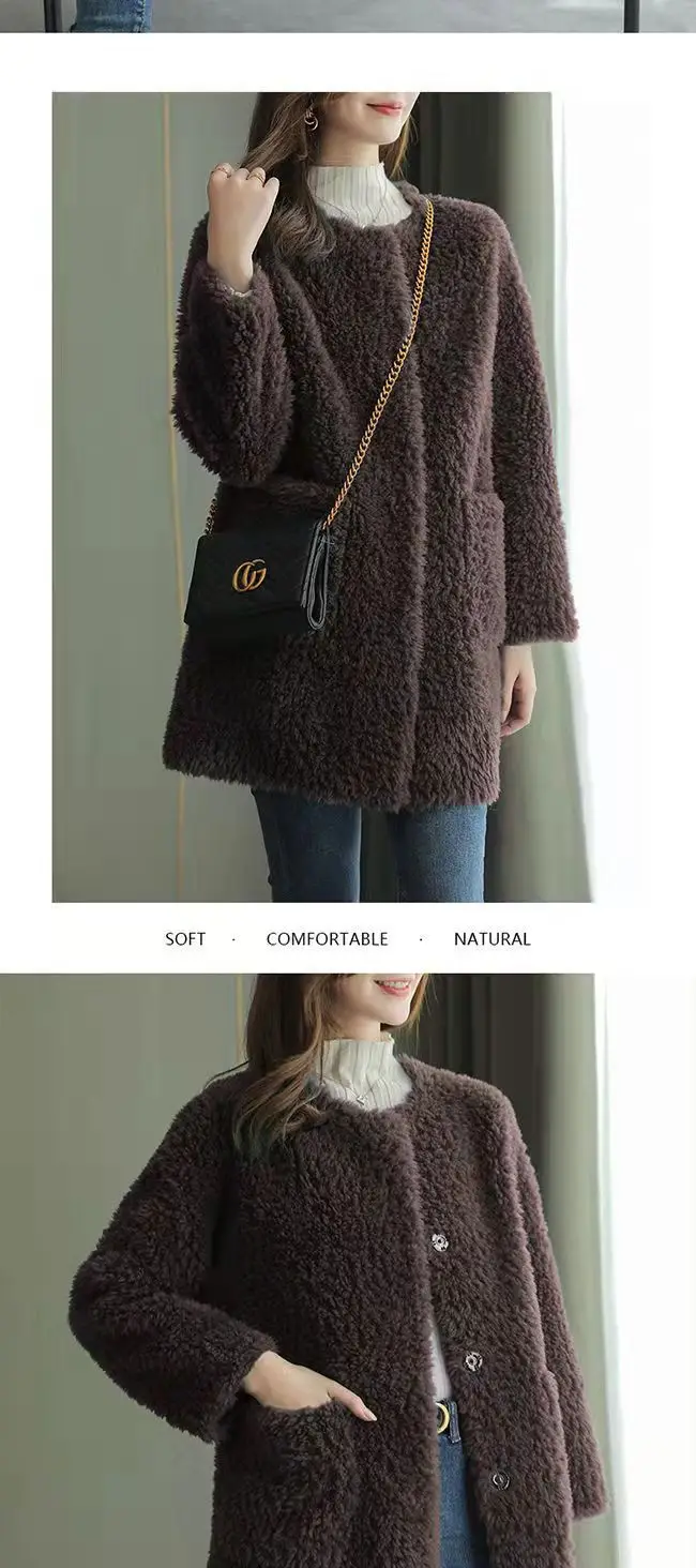 Women's Embroidered Lamb Wool Coat Beige Mid-Length Winter — feature 15