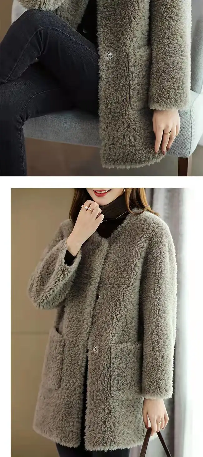 Women's Embroidered Lamb Wool Coat Beige Mid-Length Winter — feature 6
