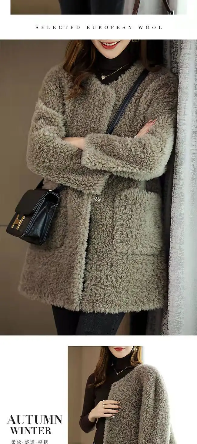 Women's Embroidered Lamb Wool Coat Beige Mid-Length Winter — feature 8