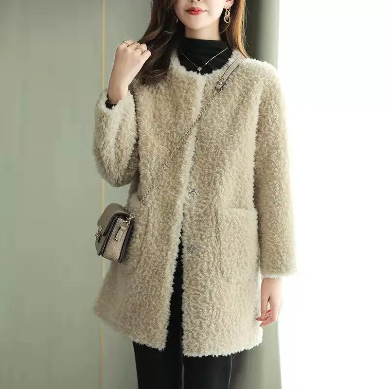 Women's Embroidered Lamb Wool Coat Beige Mid-Length Winter — feature 9