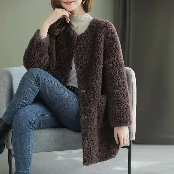 Women's Embroidered Lamb Wool Coat Beige Mid-Length Winter - Image 3