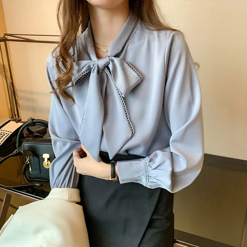Women Satin Chiffon Bow Shirt Light Blue Loose Long Sleeve - Image 4