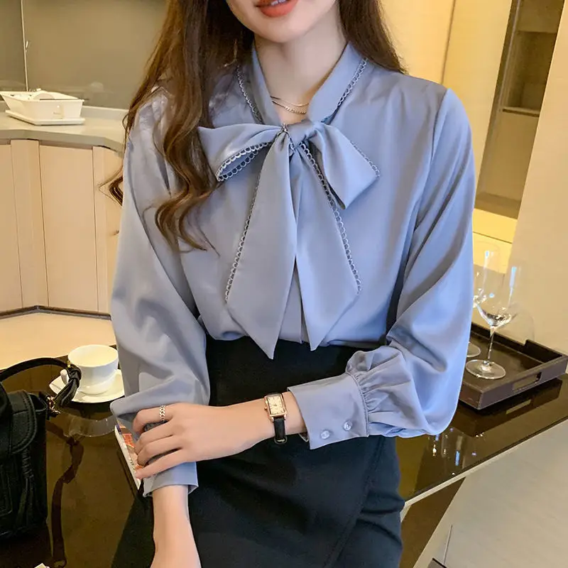 Women Satin Chiffon Bow Shirt Light Blue Loose Long Sleeve - Image 5