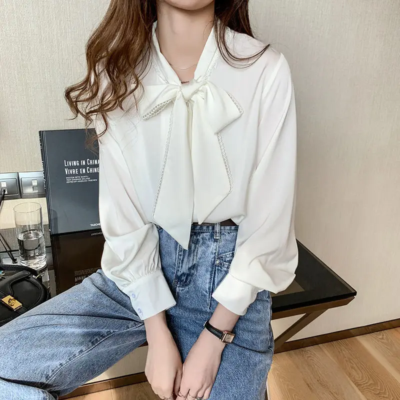 Women Satin Chiffon Bow Shirt Light Blue Loose Long Sleeve - Image 6