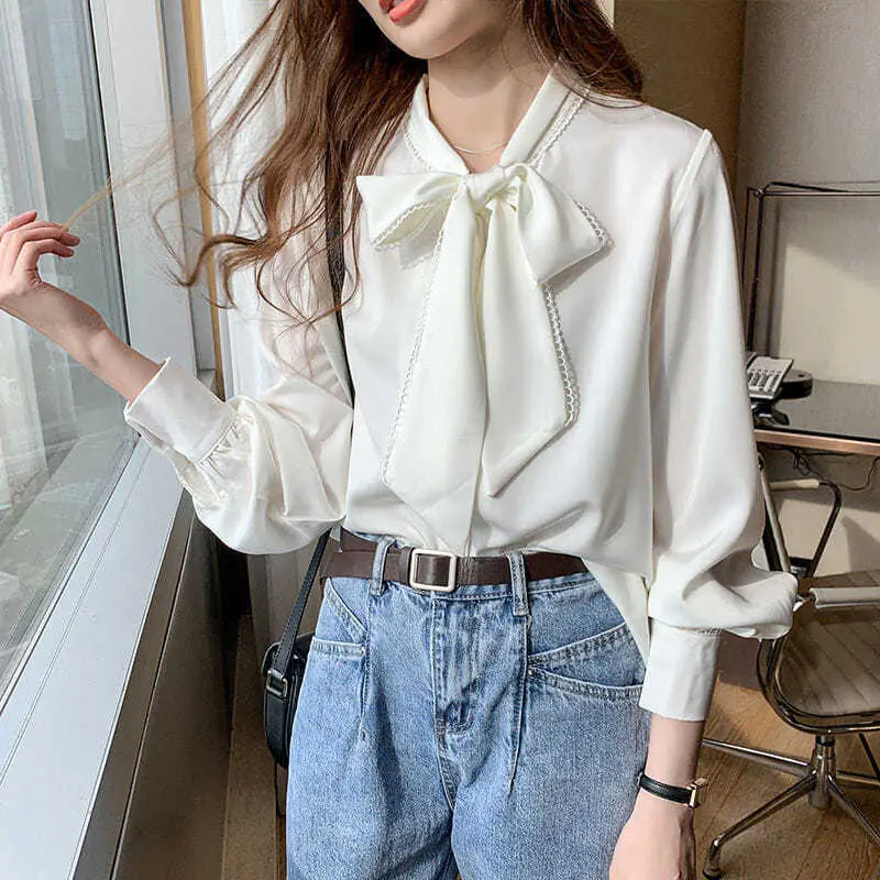 Women Satin Chiffon Bow Shirt Light Blue Loose Long Sleeve - Image 7