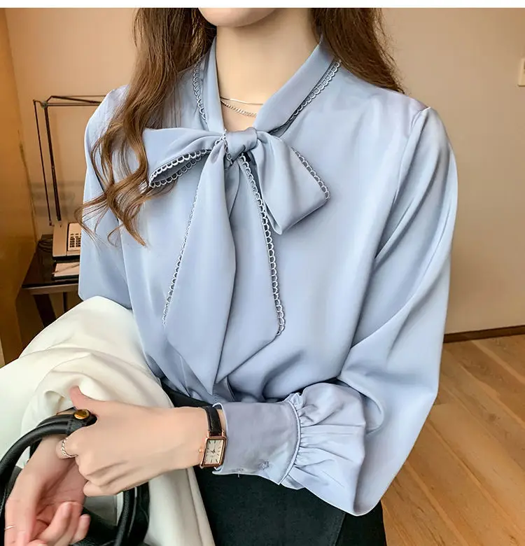 Women Satin Chiffon Bow Shirt Light Blue Loose Long Sleeve — feature 10