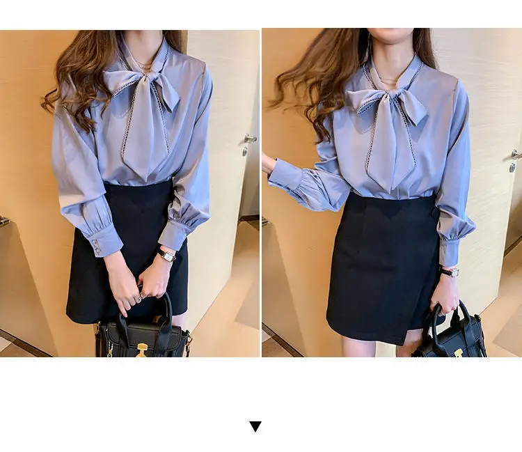 Women Satin Chiffon Bow Shirt Light Blue Loose Long Sleeve — feature 11