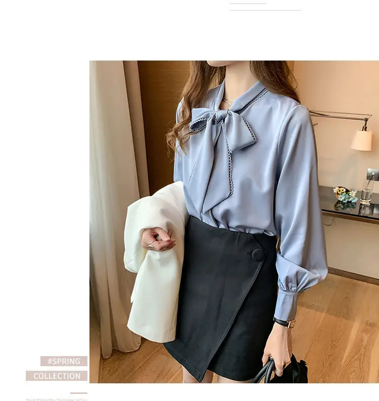 Women Satin Chiffon Bow Shirt Light Blue Loose Long Sleeve — feature 12