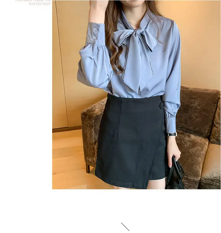 Women Satin Chiffon Bow Shirt Light Blue Loose Long Sleeve — feature 13