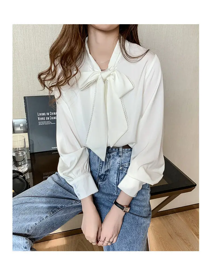 Women Satin Chiffon Bow Shirt Light Blue Loose Long Sleeve — feature 14
