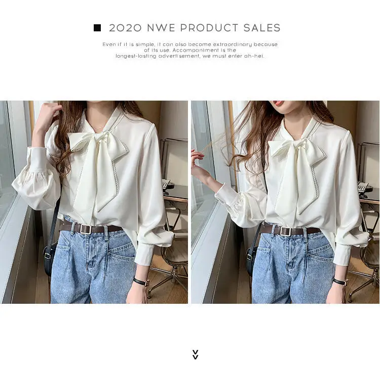 Women Satin Chiffon Bow Shirt Light Blue Loose Long Sleeve — feature 15