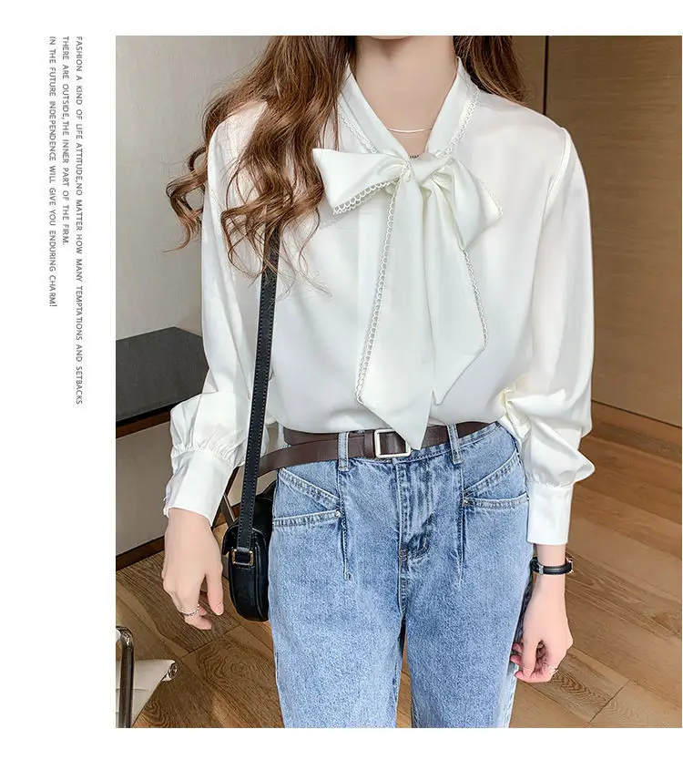 Women Satin Chiffon Bow Shirt Light Blue Loose Long Sleeve — feature 16