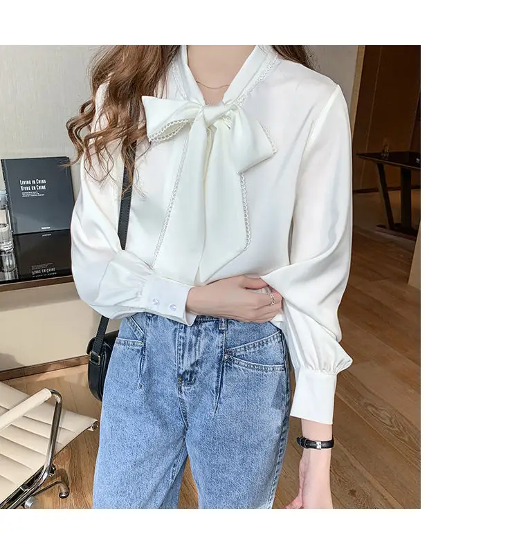 Women Satin Chiffon Bow Shirt Light Blue Loose Long Sleeve — feature 17