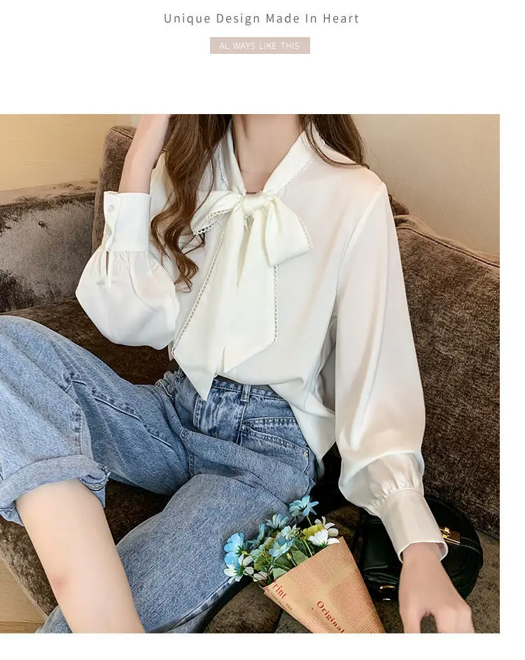 Women Satin Chiffon Bow Shirt Light Blue Loose Long Sleeve — feature 18