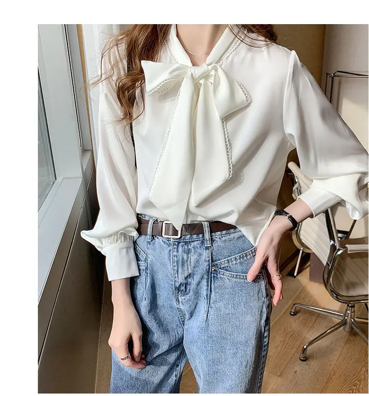 Women Satin Chiffon Bow Shirt Light Blue Loose Long Sleeve — feature 19