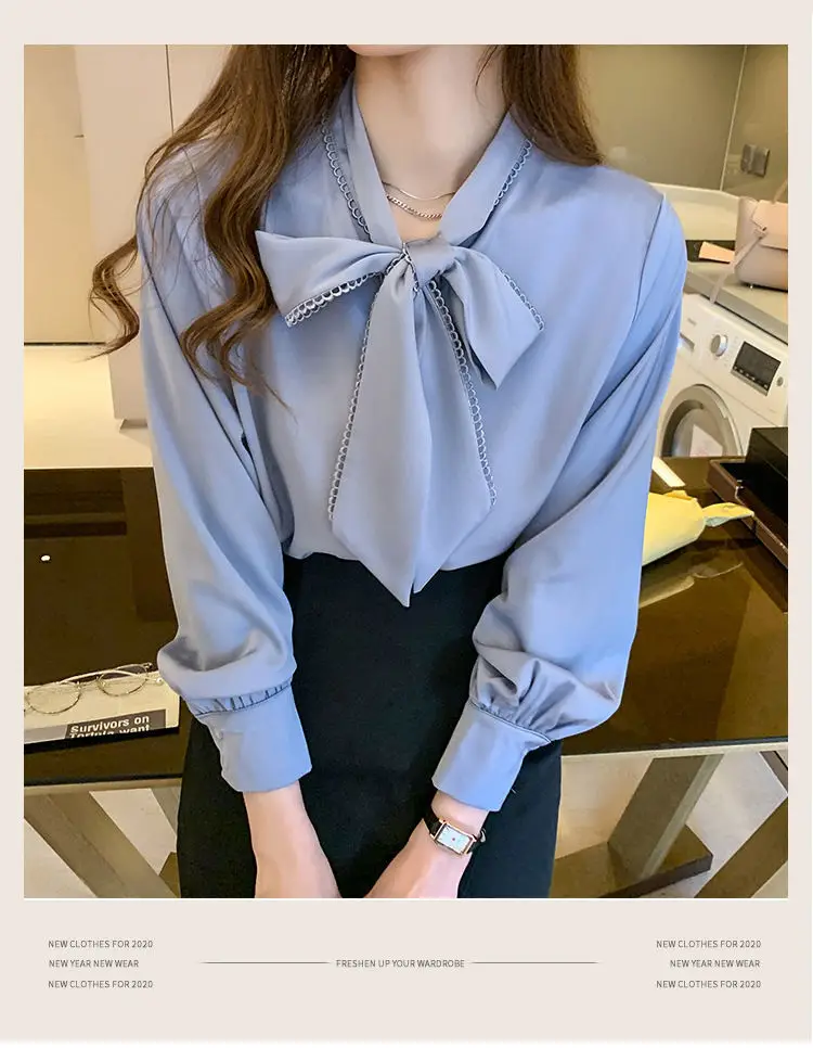 Women Satin Chiffon Bow Shirt Light Blue Loose Long Sleeve — feature 2