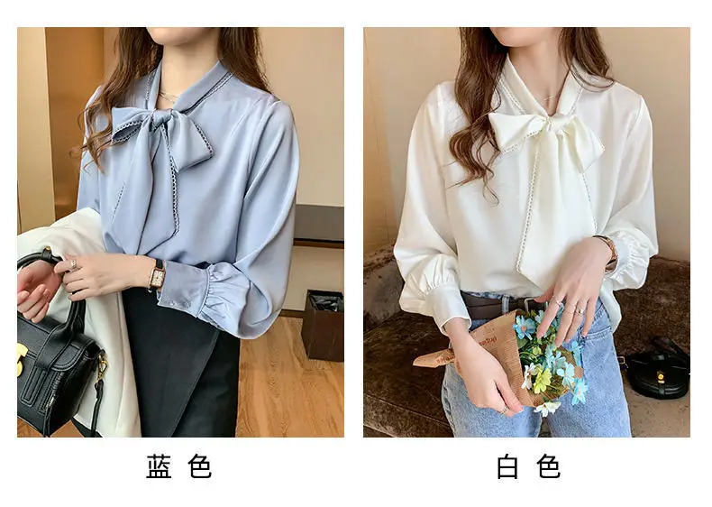 Women Satin Chiffon Bow Shirt Light Blue Loose Long Sleeve — feature 3