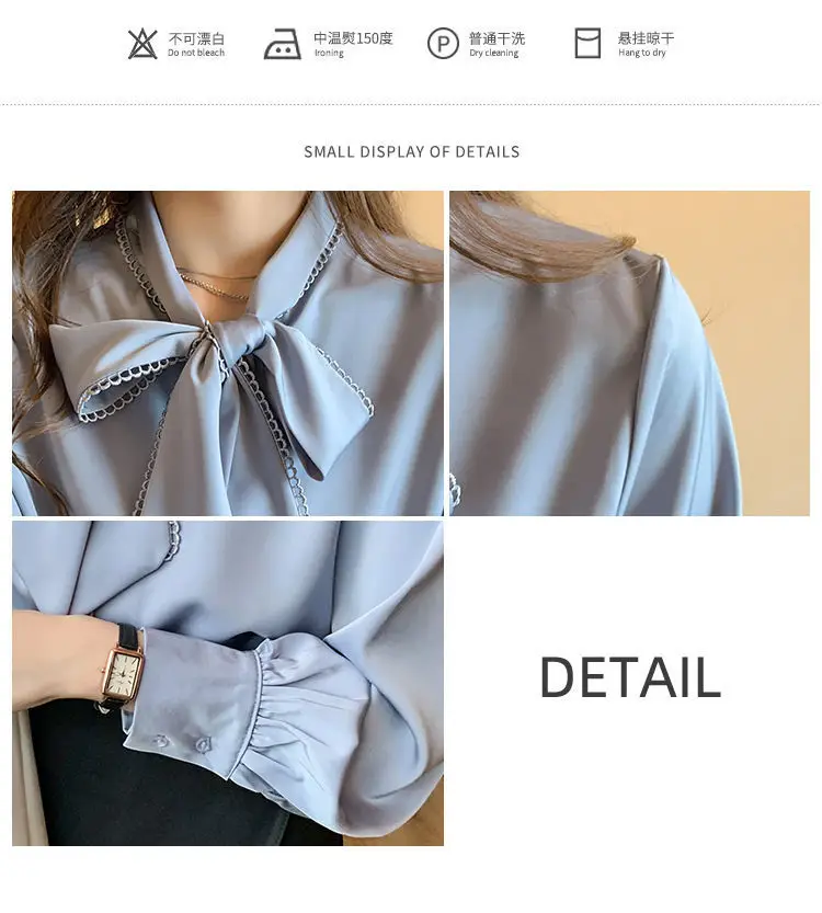 Women Satin Chiffon Bow Shirt Light Blue Loose Long Sleeve — feature 5