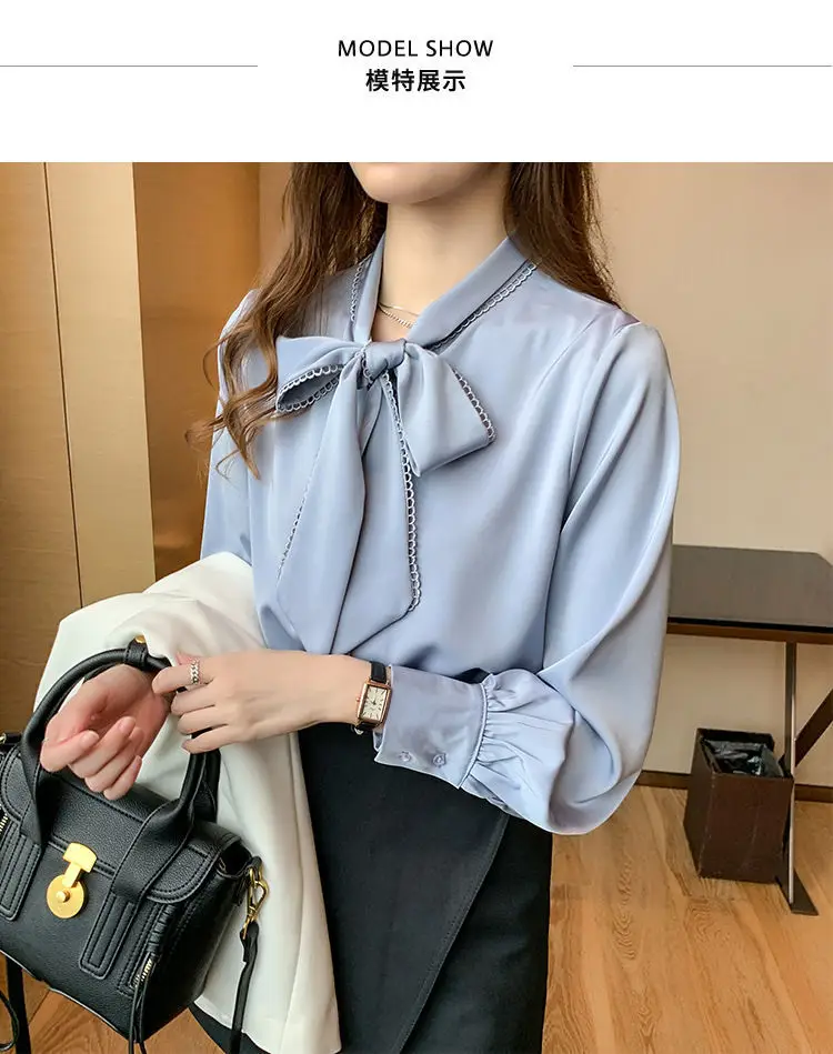 Women Satin Chiffon Bow Shirt Light Blue Loose Long Sleeve — feature 6