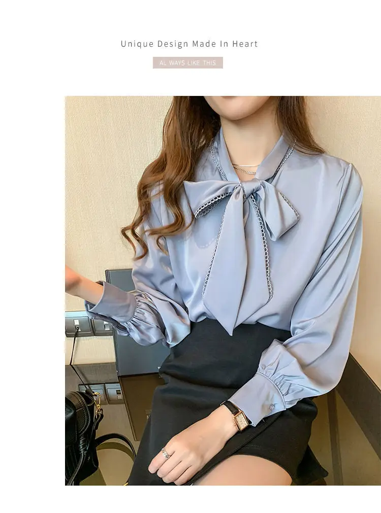 Women Satin Chiffon Bow Shirt Light Blue Loose Long Sleeve — feature 7