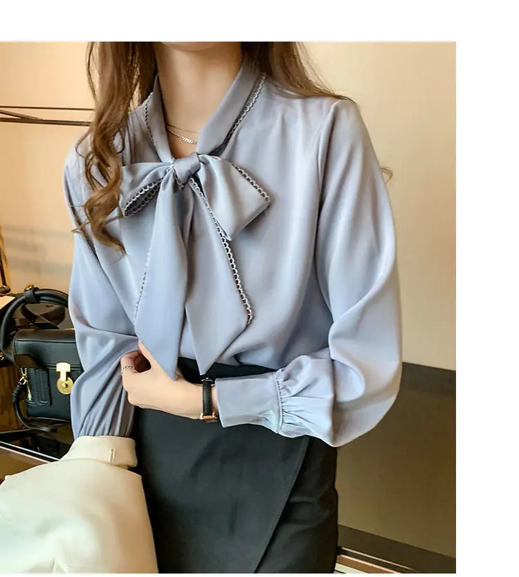Women Satin Chiffon Bow Shirt Light Blue Loose Long Sleeve — feature 8