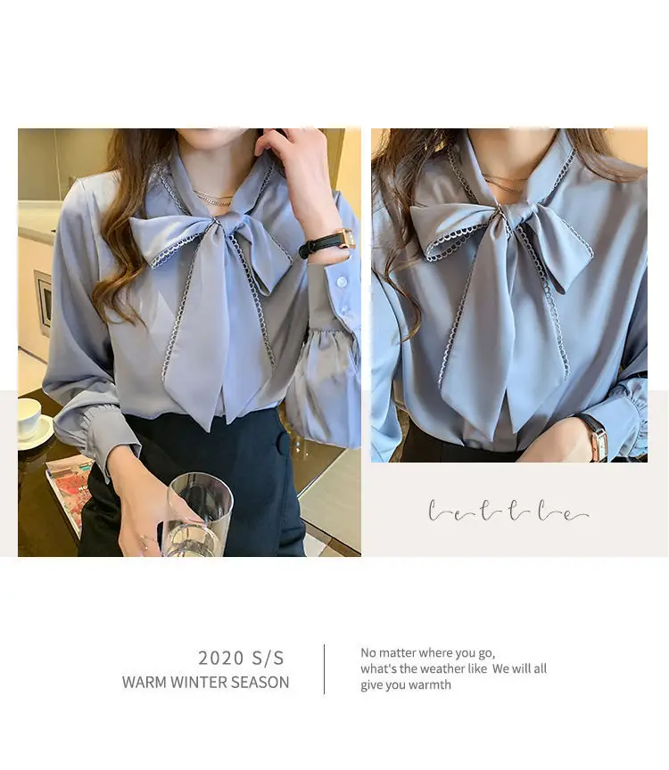 Women Satin Chiffon Bow Shirt Light Blue Loose Long Sleeve — feature 9