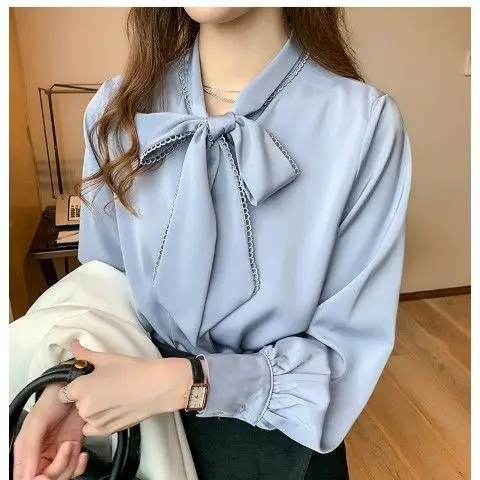 Women Satin Chiffon Bow Shirt Light Blue Loose Long Sleeve - Image 2