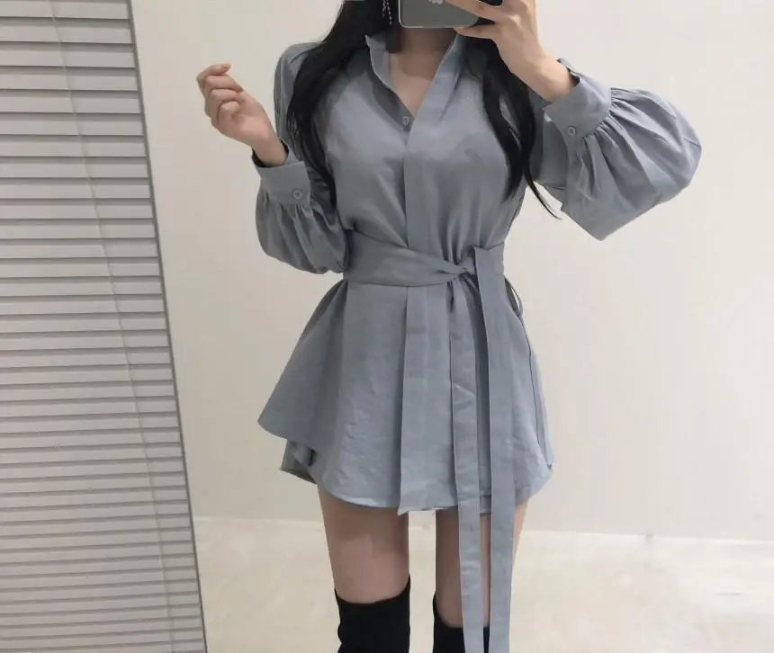 Women 2-Piece Sleeve Shirt & Shorts Set Beige Mid-Length — feature 17