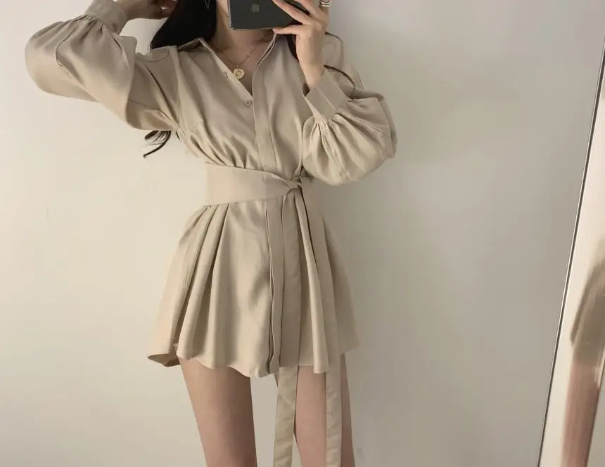 Women 2-Piece Sleeve Shirt & Shorts Set Beige Mid-Length — feature 20