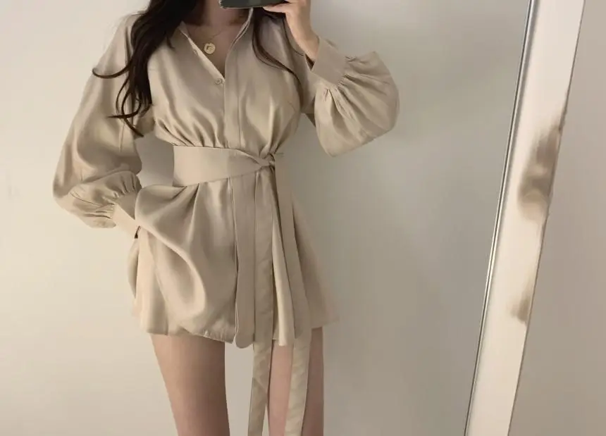 Women 2-Piece Sleeve Shirt & Shorts Set Beige Mid-Length — feature 21
