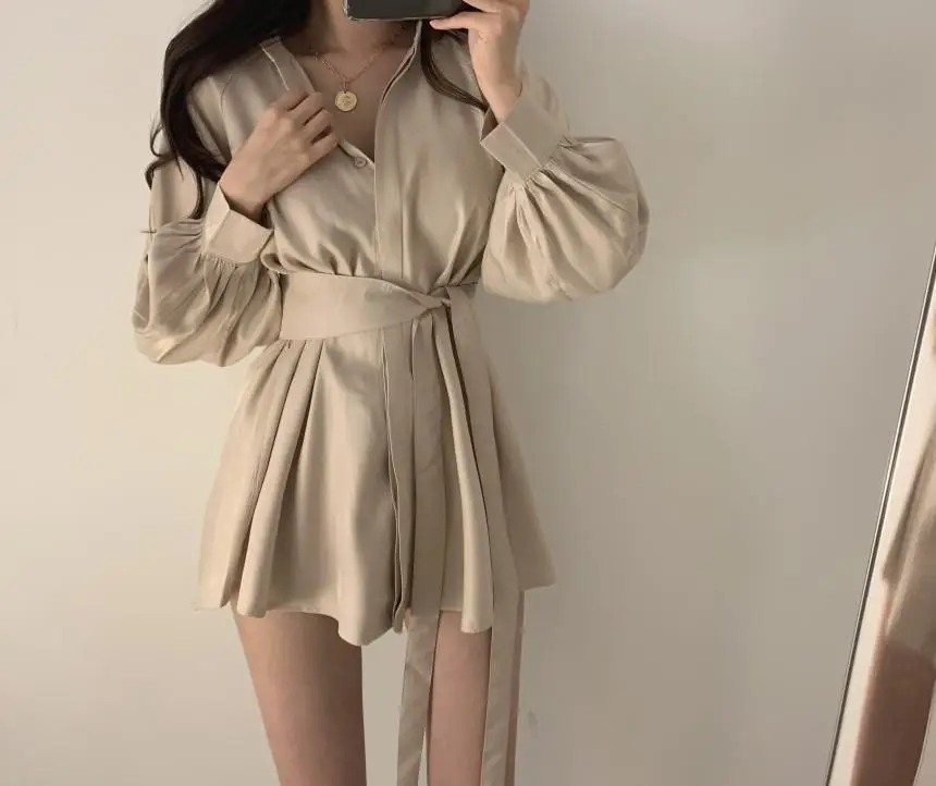 Women 2-Piece Sleeve Shirt & Shorts Set Beige Mid-Length — feature 24
