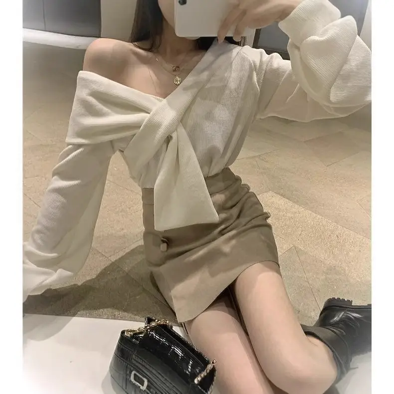 Women Long Sleeve V Neck Knit Top Set White - Image 4