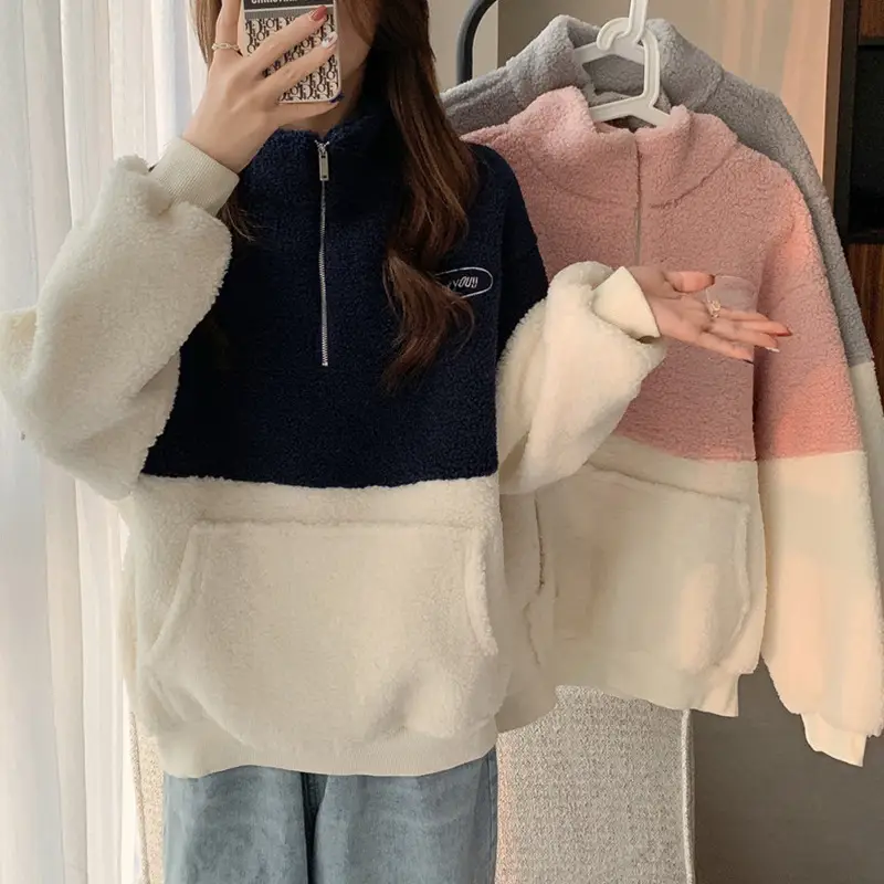 Women's Navy White Fleece Half Zip Sweatshirt - Image 5