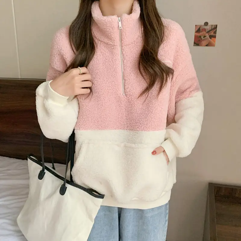 Women's Navy White Fleece Half Zip Sweatshirt - Image 2