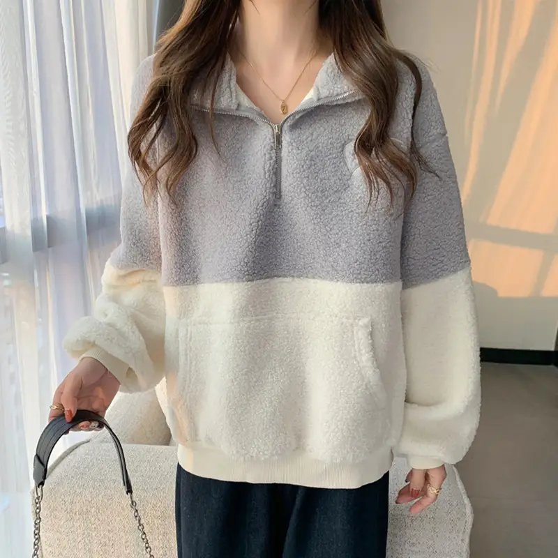 Women's Navy White Fleece Half Zip Sweatshirt — feature 4