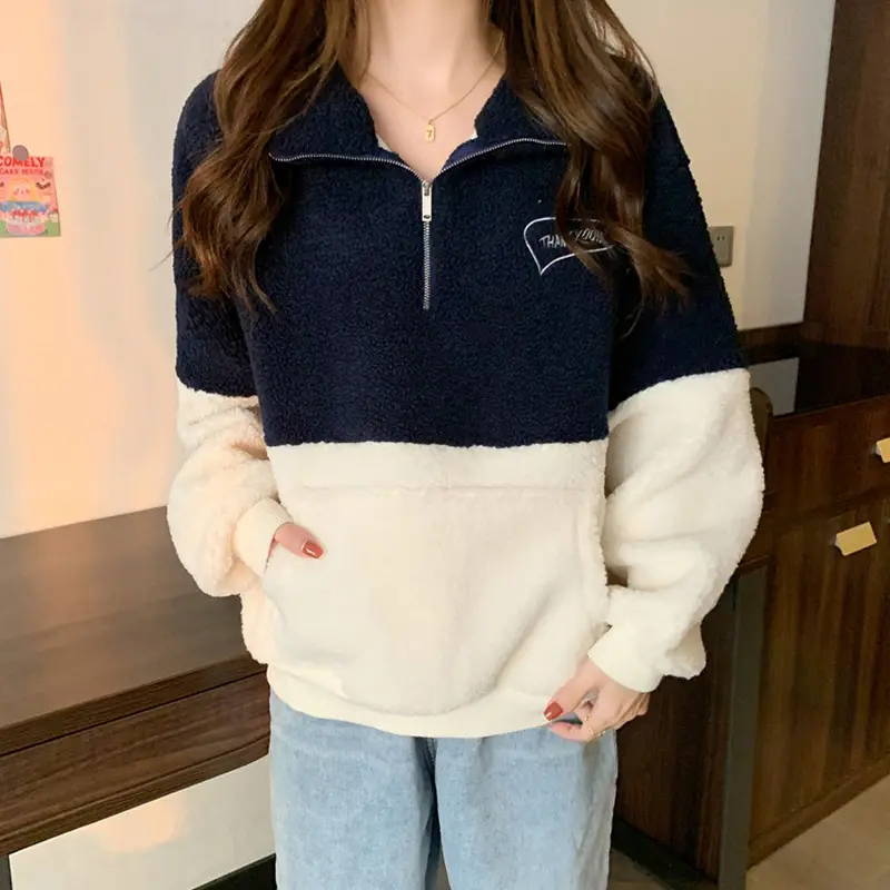 Women's Navy White Fleece Half Zip Sweatshirt — feature 5