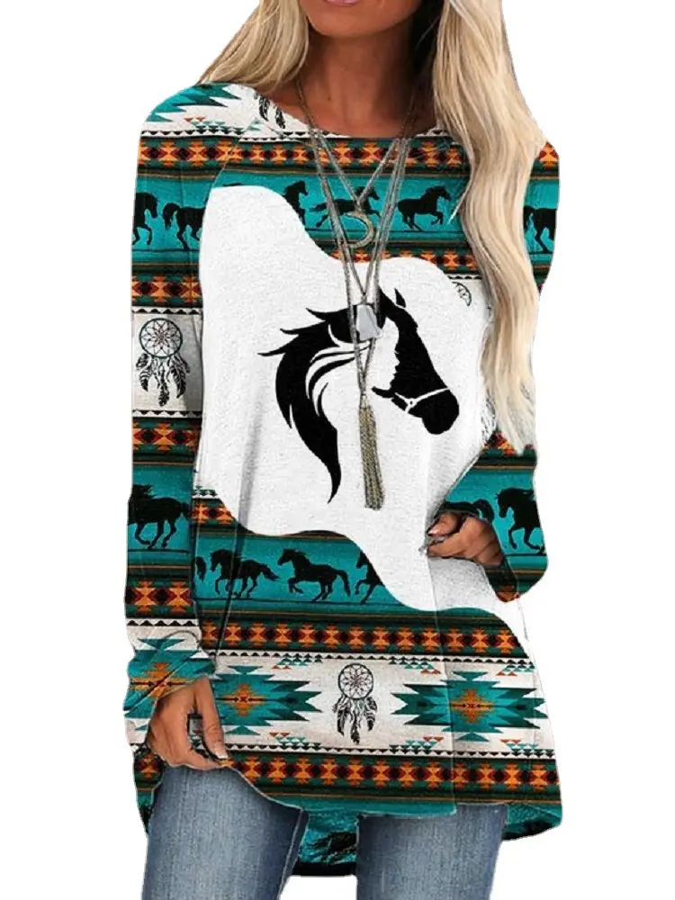 2022 Foreign Trade Cross-border Women's Fashion Loose Round Neck Digital Printing Western Style Long Sleeve Top 5005
