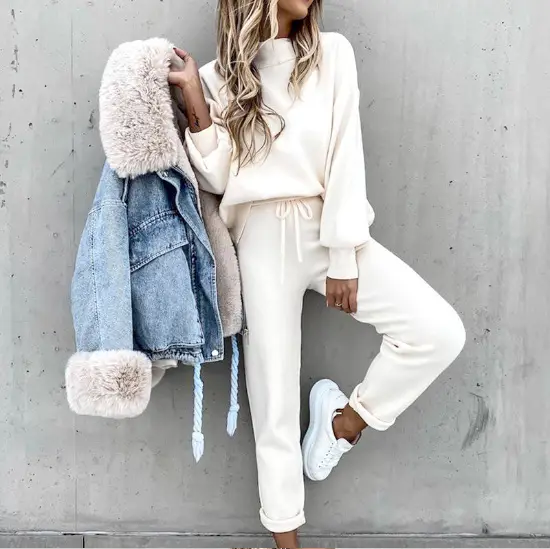 2021 Women's Turtleneck Sweatshirt Set White Pants — feature 2