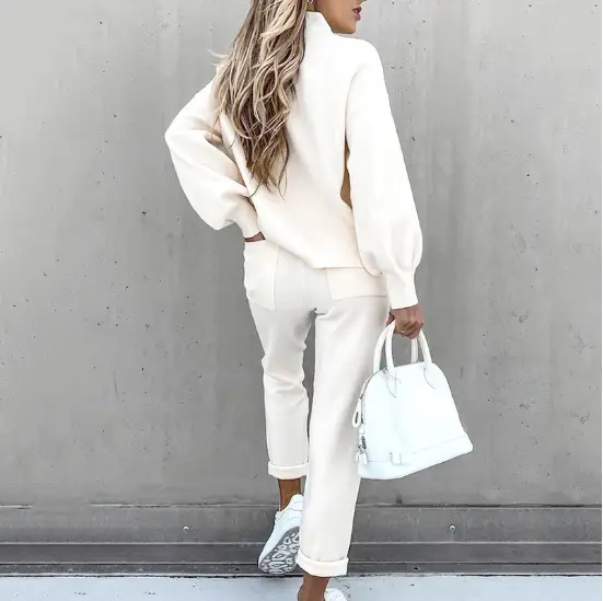 2021 Women's Turtleneck Sweatshirt Set White Pants — feature 3