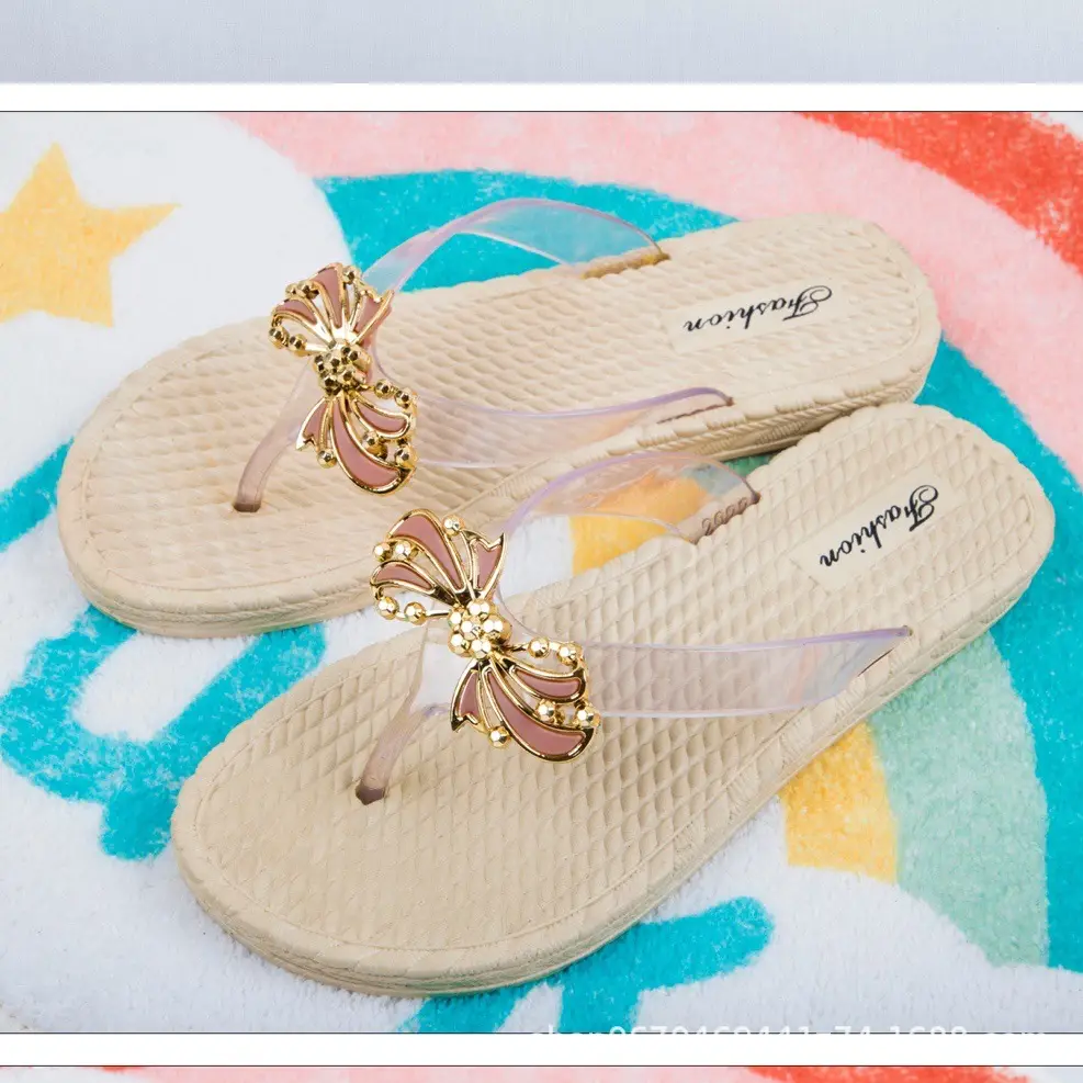 Women's Bow Gold Decor Flip Flops Summer Wear