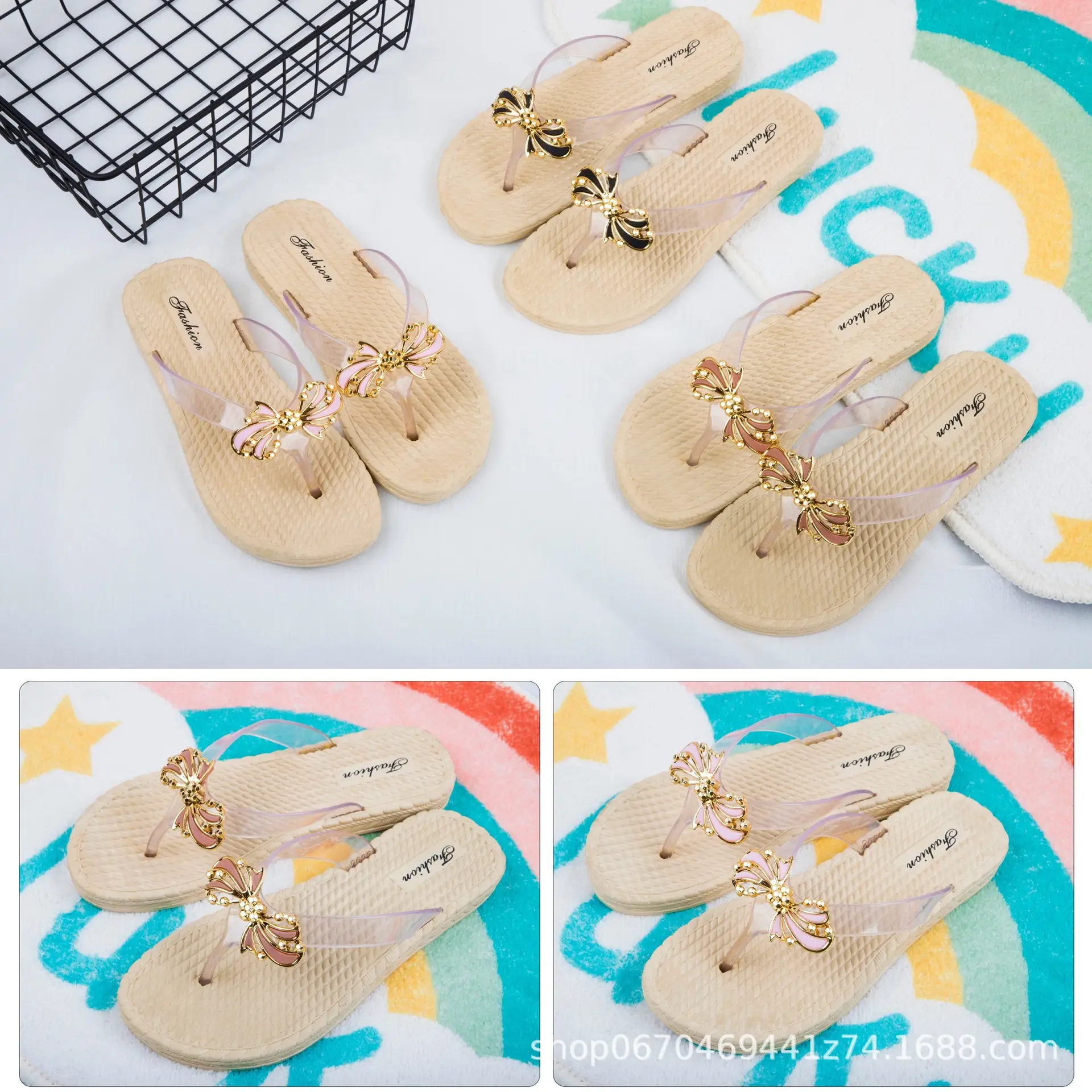 Women's Bow Gold Decor Flip Flops Summer Wear